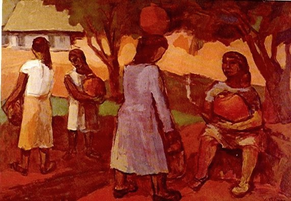 Imagen de cuadro pintado al oleo con figura de cuatro mujeres